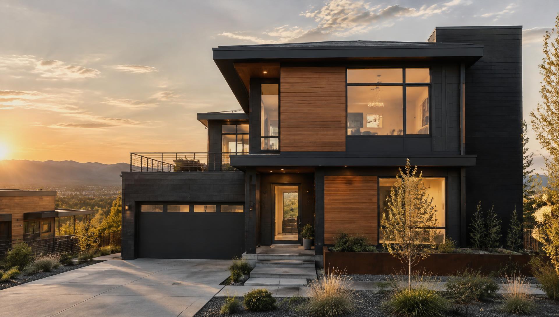 Modern residential home exterior at sunset in the Denver area